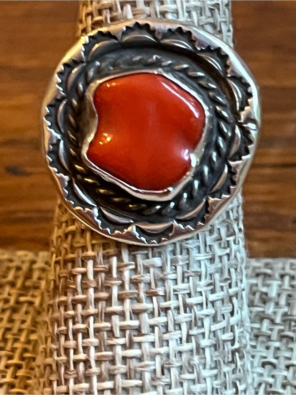 Sterling Silver Red Coral Rope-Frame Statement Ring